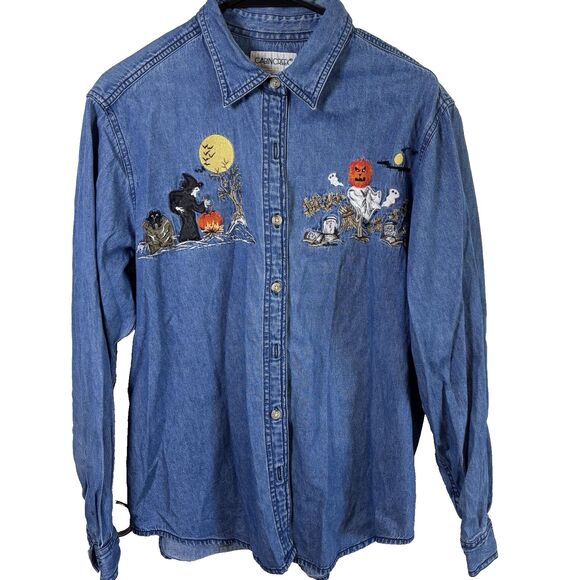 Cabin Creek VTG Denim Embroidered Halloween Pumpkin Witch  Womens Button Shirt L - Picture 1 of 16